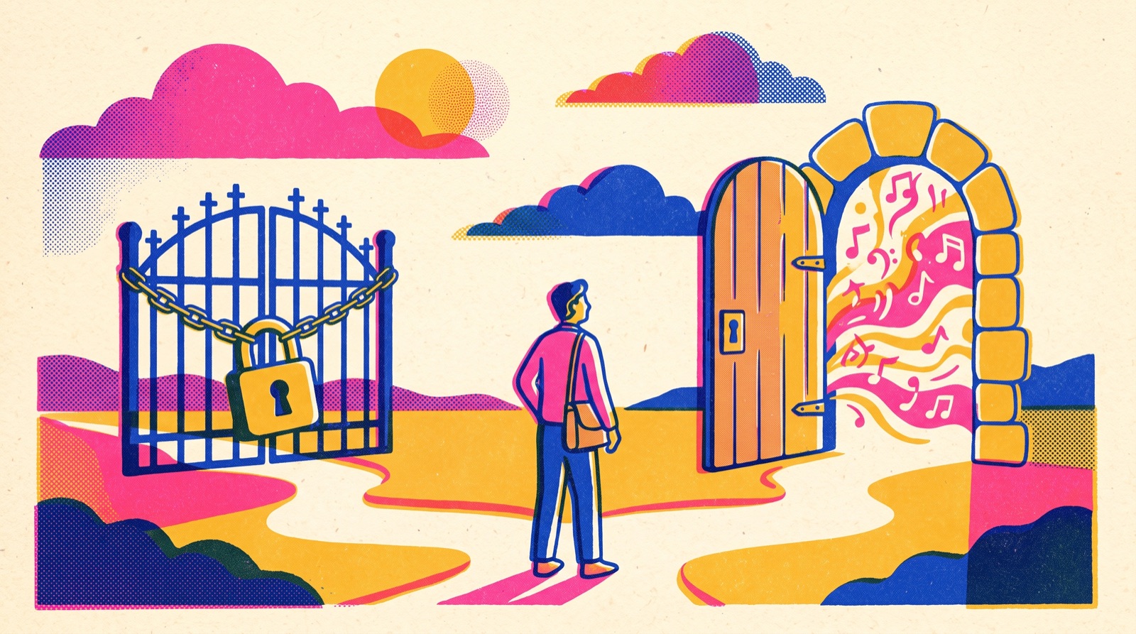 Illustration of a creator facing AI music rights and output-ownership choices