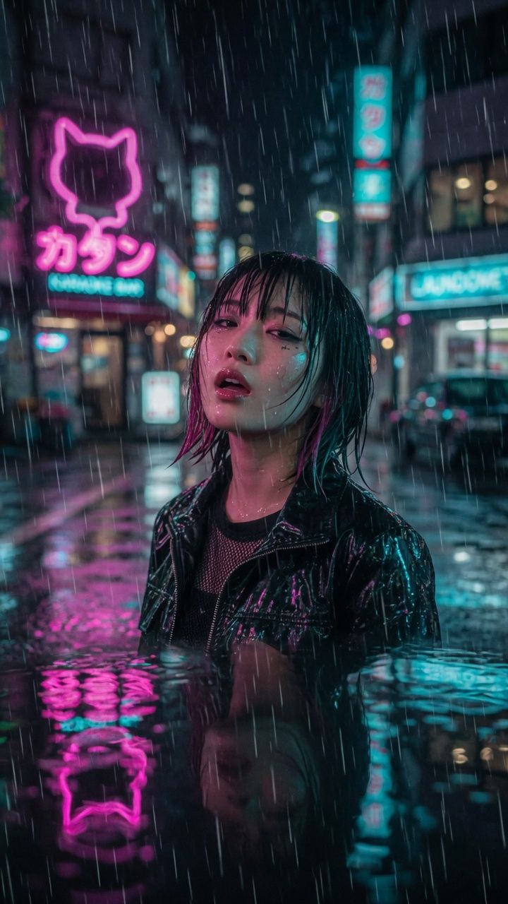 竖屏 9:16 MV 画面：霓虹雨里的歌手