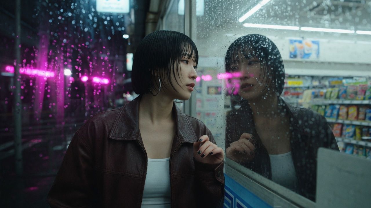 Same singer at a convenience-store window, identity locked to Image 1
