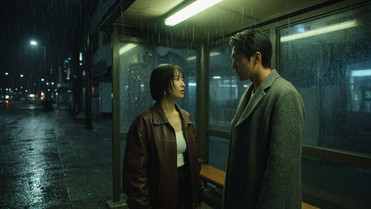 Two-shot under a rainy bus shelter for a native-audio Wan 3.0 prompt