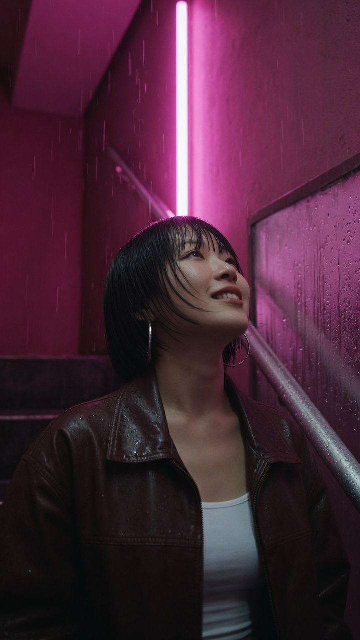 Vertical 9:16 music video frame of a singer in neon rain for a Wan 3.0 prompt