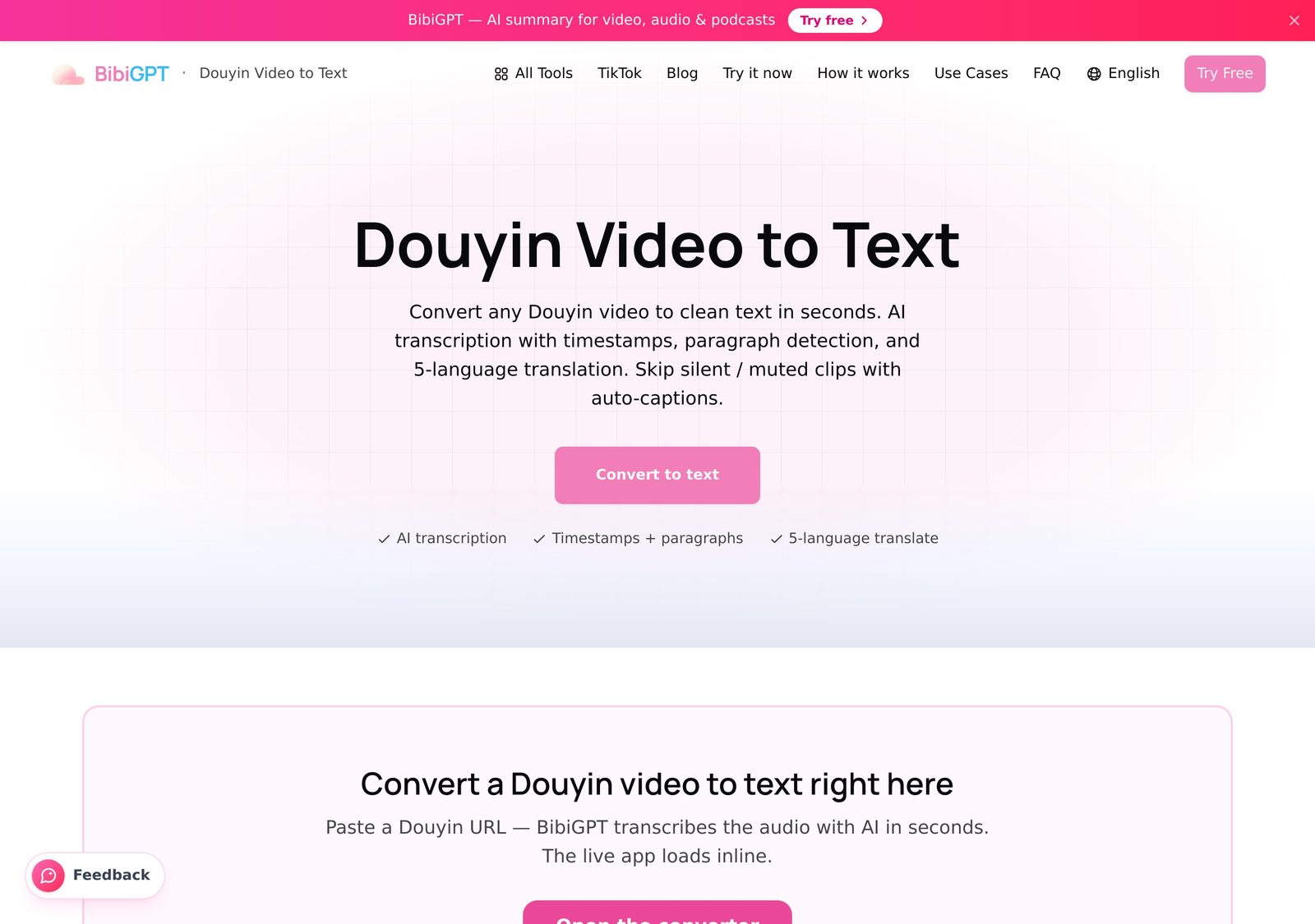 BibiGPT Douyin Video to Text — paste a Douyin link and get clean transcribed text