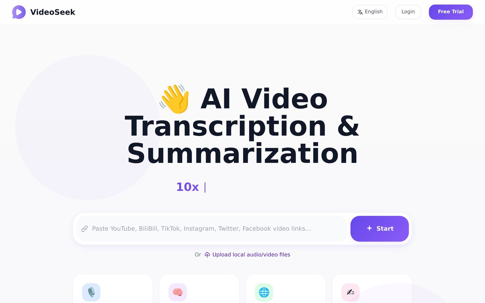 VideoSeek AI video transcription and summarization interface
