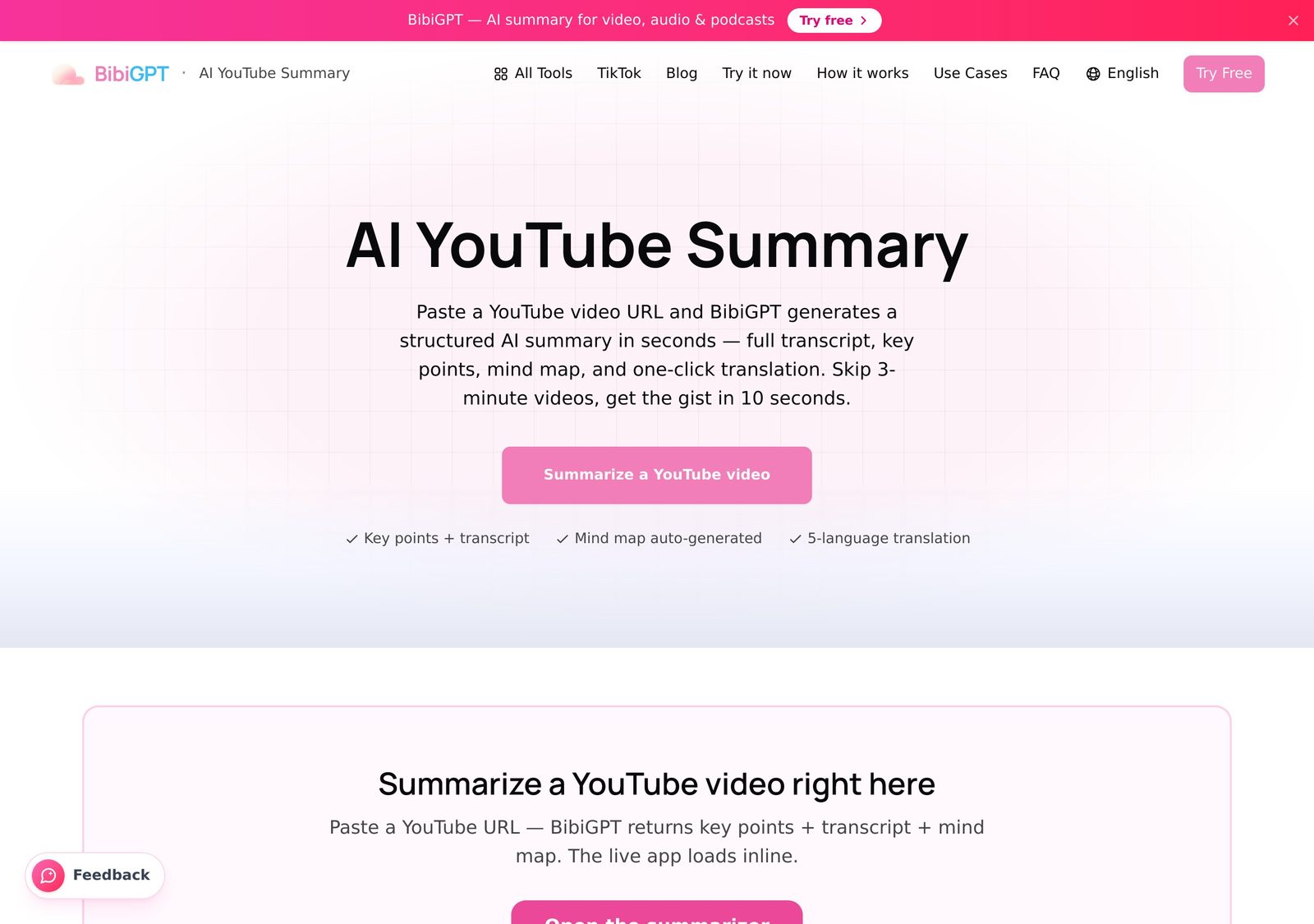 BibiGPT AI video summarizer interface — paste a link and pick your AI model