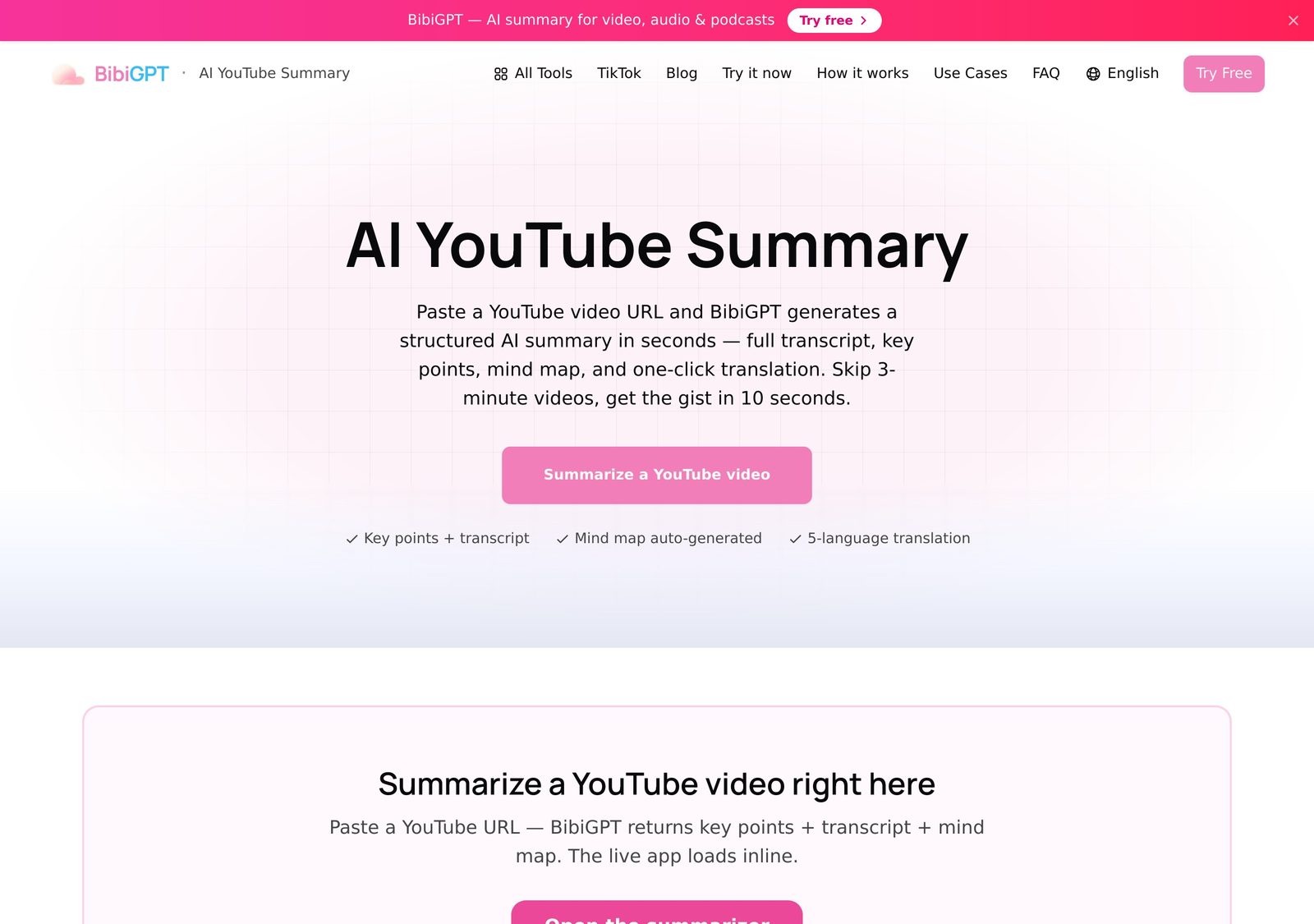 BibiGPT AI YouTube summarizer web app — paste a link for structured key points