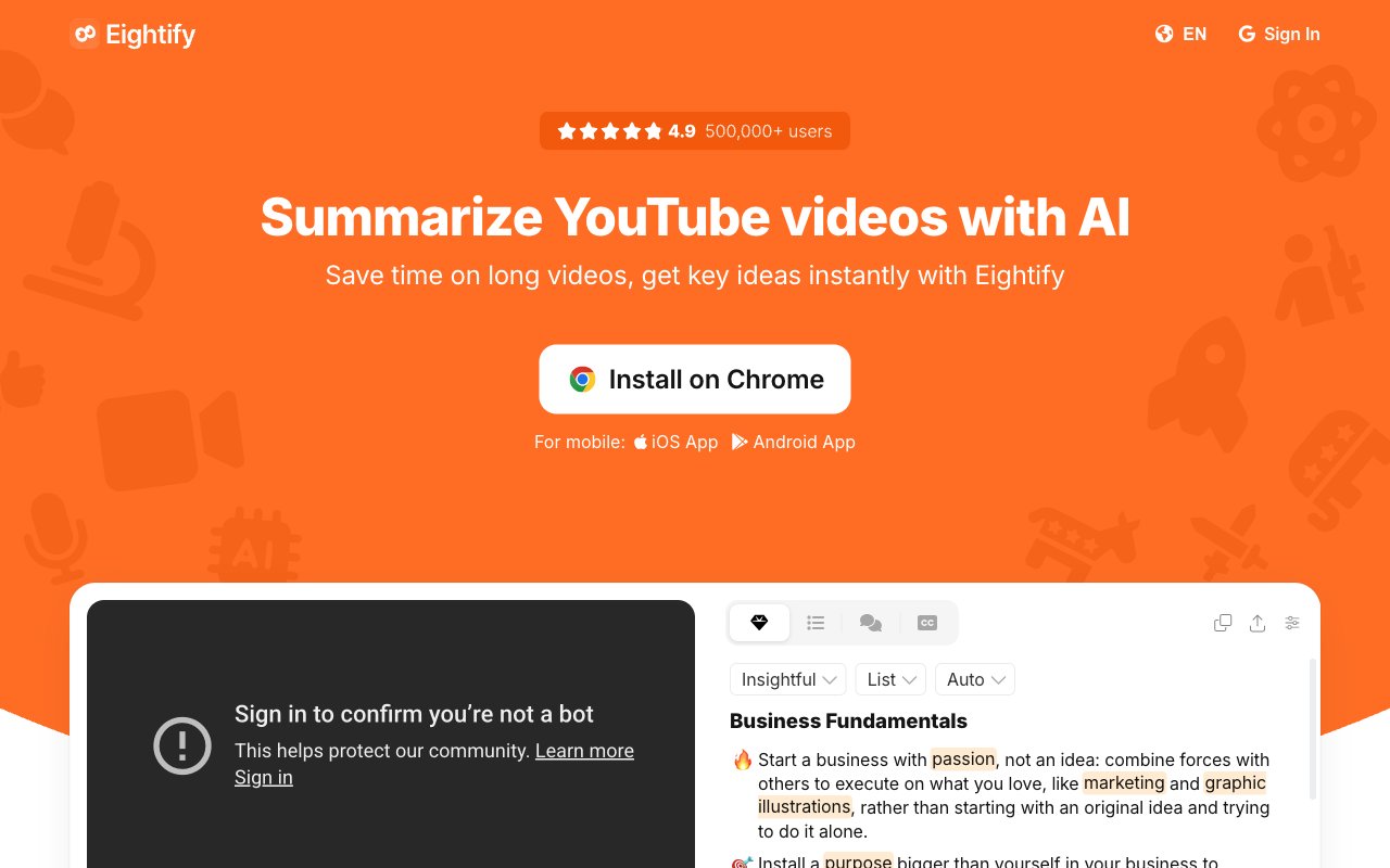Eightify YouTube summarizer Chrome extension showing 8 key insights