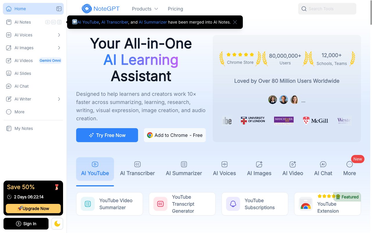 NoteGPTのYouTube動画要約インターフェース、インタラクティブなノートカードとハイライト