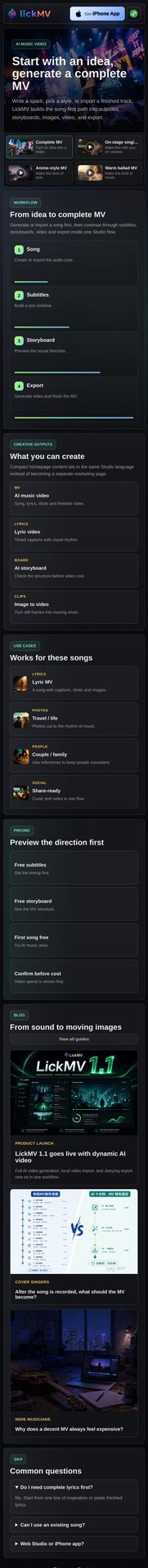 LickMV official homepage — an AI music video workflow tool, the product used in this viral remix case