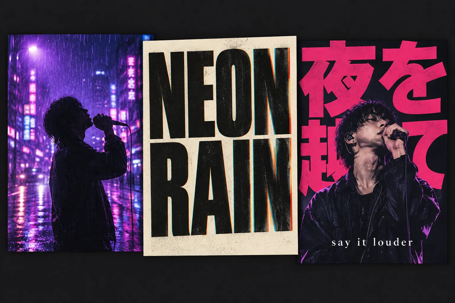 三个音乐视频镜头并排：霓虹雨中歌手的 AI 视频镜头、写着 NEON RAIN 的满屏文字PV镜头，以及抠图歌手叠在日文大字歌词上的海报风格镜头