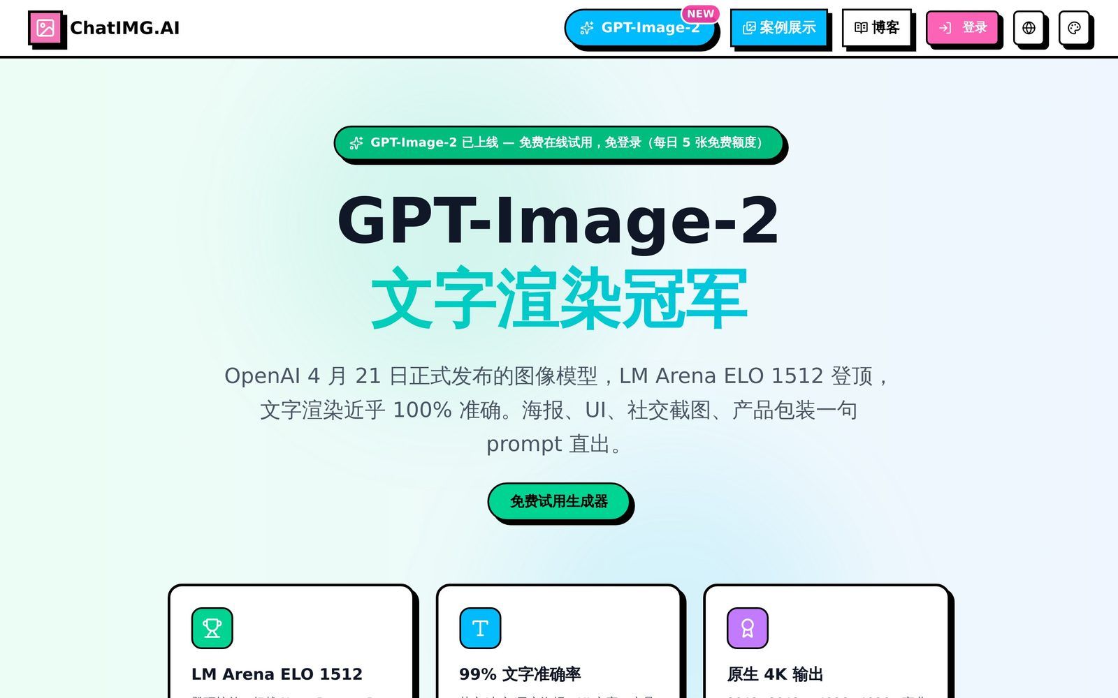 ChatIMG GPT Image 2 landing: text-rendering entry and five free images a day