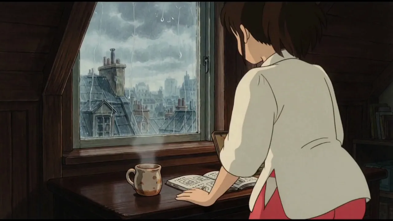 “Rainy Window” AI music video sample, Ghibli style