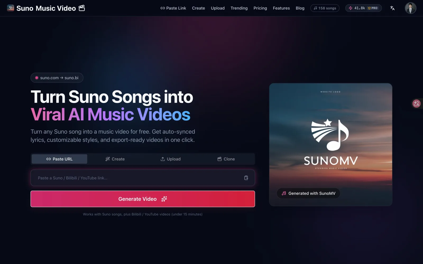 Real screen: the SunoMV home page.