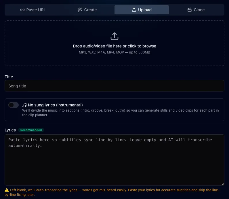 The Upload tab on suno.bi: drop an audio or video file, add a title, paste lyrics or leave the box empty for automatic transcription